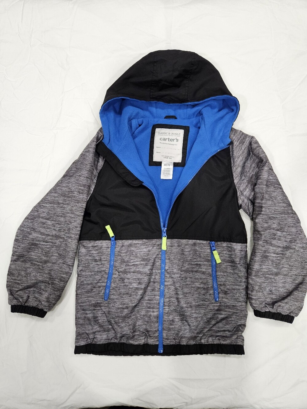 Carter's Boys Size 8 (XL) Fleece Lined Hooded Jacket Colorblock Gray Black Blue